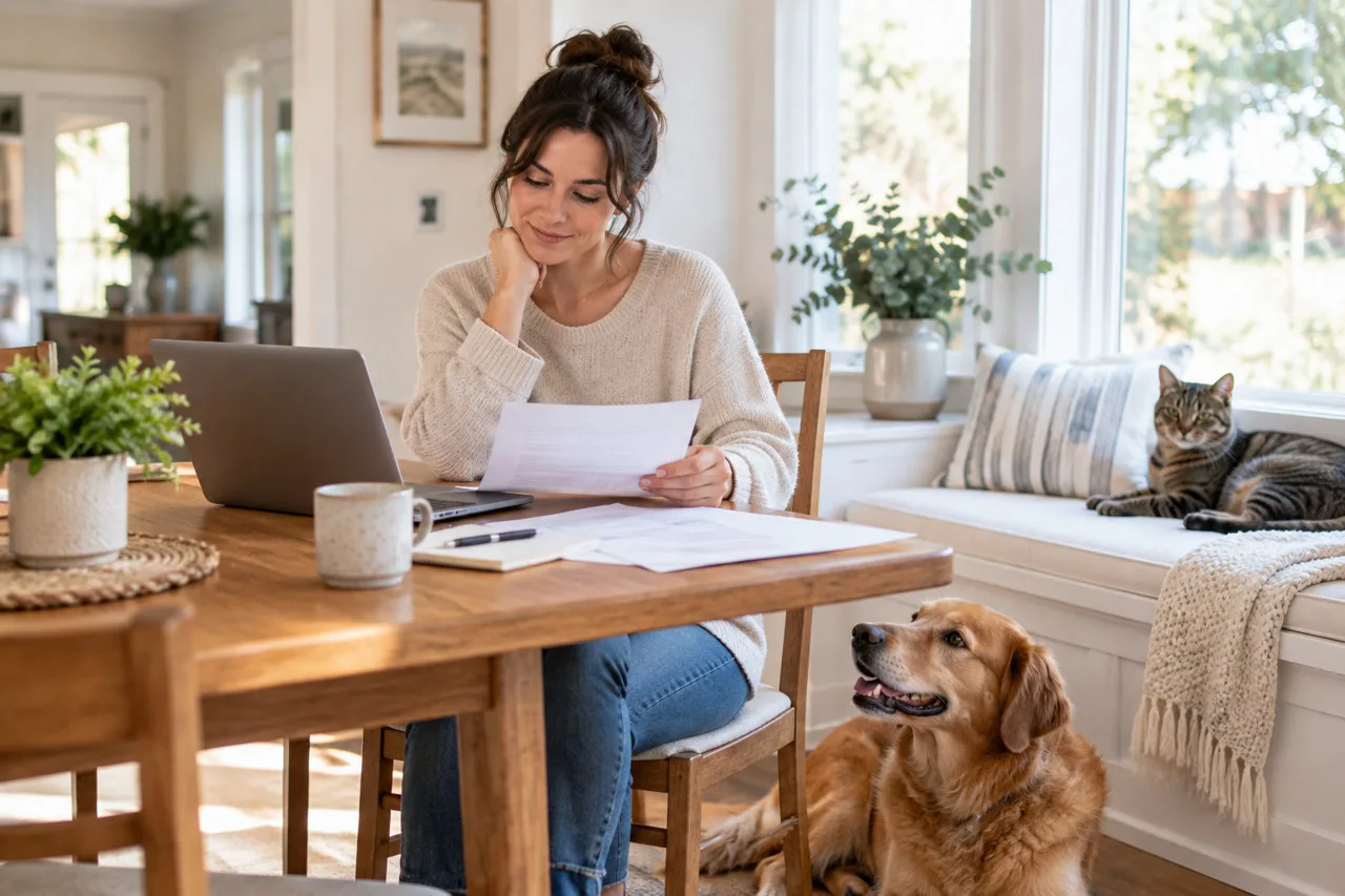 Owner reviewing documents at a table with a dog nearby
